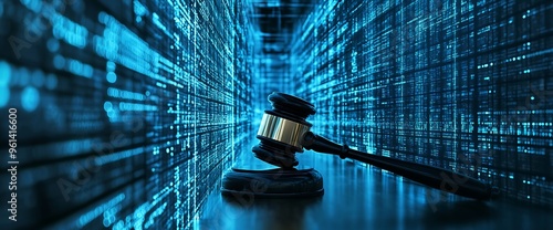 A gavel sits in front of a digital background, symbolizing the impact of technology on law.