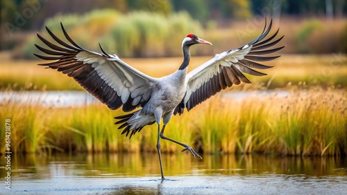 A majestic gray crane spreads its wings, extends its long neck, and elevates one leg in a graceful, statuesque dance pose amidst a serene natural backdrop.