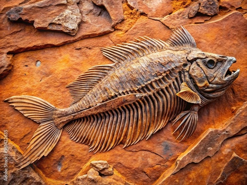 Ancient fossilized remains of a massive prehistoric fish, its scales and fins intricately preserved, lie embedded in a bed of rough, rusty-red sedimentary rock.