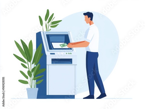 Illustration of a man using an ATM machine, performing a cash withdrawal transaction amidst some green foliage, on a light blue background.