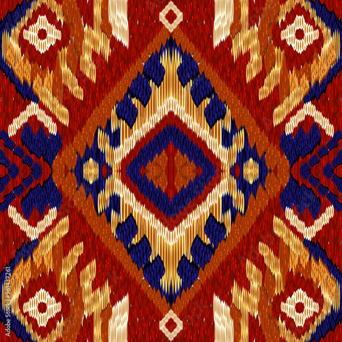 Ikat — a seamless vector pattern with vibrant geometric motifs in red, gold, blue, and black tones, creating a traditional ethnic ornament effect Indian and Asian