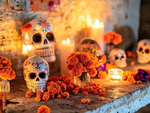 Vibrant altar with colorful skulls, candles, and marigolds celebrating Dia de los Muertos with warmth and tradition.