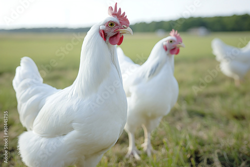 A serene white chicken farm featuring pristine White Leghorn and Skyline hens, all ready and active