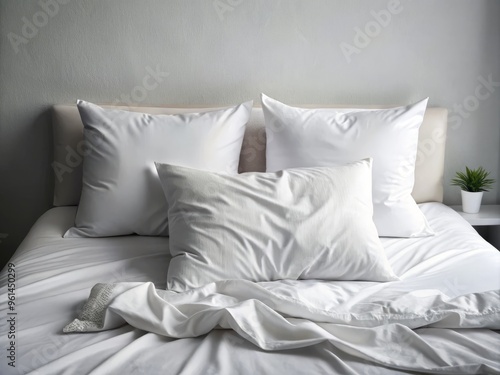 Soft white lumbar pillow adds a touch of elegance to this cozy bed, with rumpled sheets and a