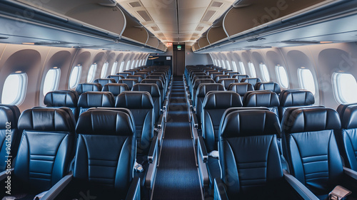 Empty seats of commercial airplane. Transportation concept background