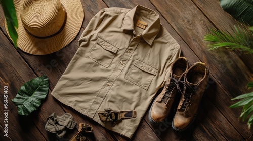 Top view of a men's safari outfit with a khaki shirt, cargo shorts, hiking boots, and a hat, focus on the khaki shirt.