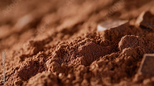 Micro view of cocoa powder, rich brown particles, velvety texture