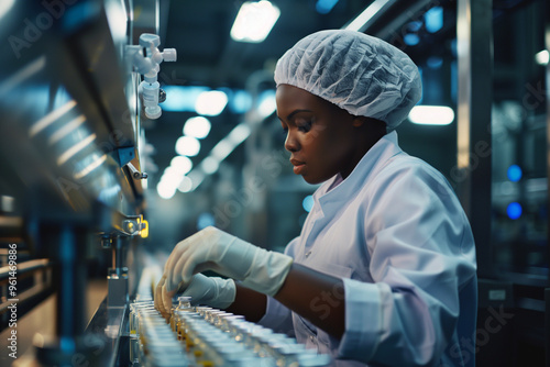 Pharmacist scientist with sanitary gloves examining medical vials on a production line conveyor belt in a pharmaceutical factory with Generative AI. African American female checking medicine vials 