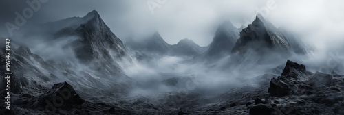 A dramatic and intense landscape of mountains shrouded in fog and mist, symbolizing mystery, solitude, awe, power, and tranquility.