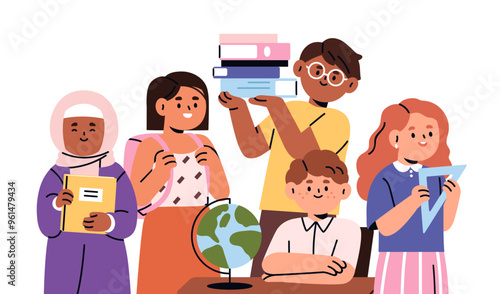 School students group studying different subjects, education. Diverse children, schoolkids learning together. Happy kids, boys and girls pupils. Flat vector illustration isolated on white background