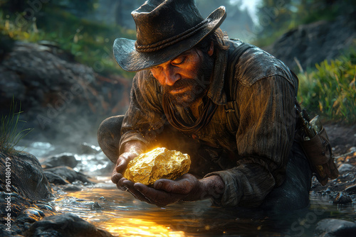 Lone prospector discovers a massive gold nugget by the river