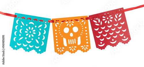 Mexican decoration, papel picado of different colors for celebration of the day of the dead.