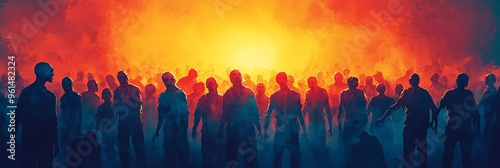 A large horde of zombies emerging from the darkness, shown against the backdrop of a blazing, orange sunset or bright light, creating a menacing and eerie scene.