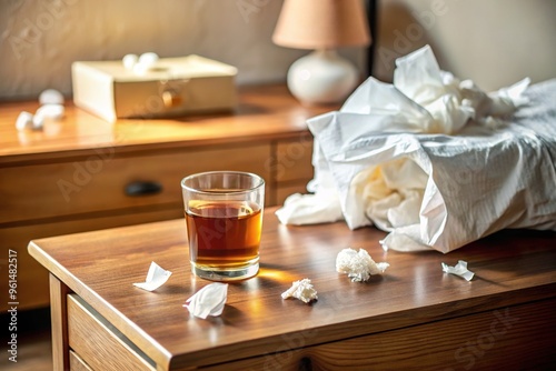 A worn-out tissue lies crumpled on a cluttered bedside table beside a box of medication, surrounded by used tea bags and a half-empty water bottle.