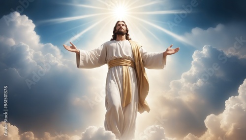 Jesus Christ Christainity God in white robe stands with arms outstretched in clouds looking up towards bright light