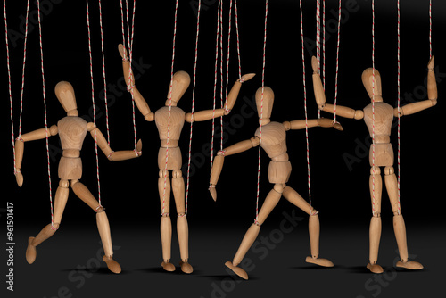 Wooden puppet doll, dancing marionette. Concept of emotional manipulation, world conspiracy theories