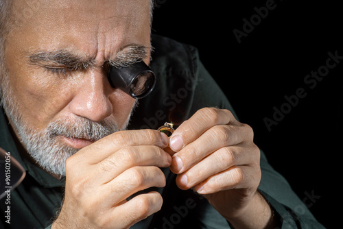 Jewelry appraiser examines a gold ring evaluating large diamond looking through magnifying glass monocular. Professional goldsmith manufacturing or repair luxury wedding engagement ring