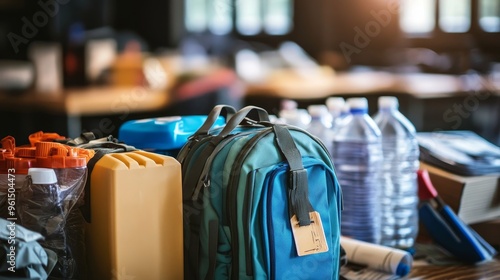 A well-organized emergency preparedness kit with essentials like a backpack, water bottles, and other supplies, symbolizing preparedness, safety, and self-reliance.