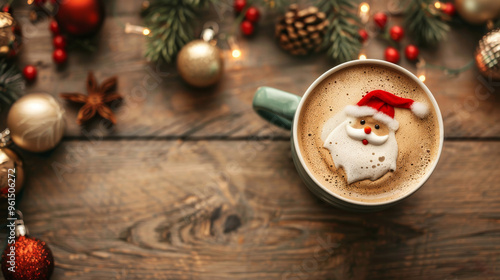 A warm cup of coffee featuring foam art shaped like Santa Claus, placed in a red cup on a rustic wooden table, surrounded by Christmas decorations, evoking holiday cheer, top view