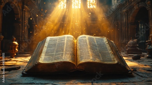 dramatic bible scene open book of samuel golden light streaming from pages epic cinematic atmosphere divine revelation