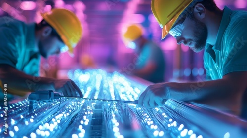 Telecommunication engineers work in a brightly lit data center, installing fiber optic cables, representing the advancement of technology, network infrastructure, connectivity, and data transmission.