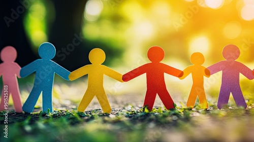 Paper cut-out figures of different colors holding hands, symbolizing inclusivity and diversity in a community. The concept emphasizes unity and equal representation.