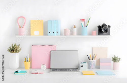 white desk with laptop, stationery and cute camera on shelf,workspace