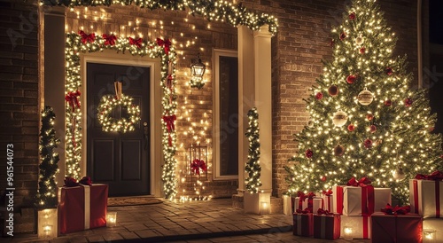 Christmas outdoor decoration with lighting illumination with tree and gift boxes on large house.Macro.AI Generative.