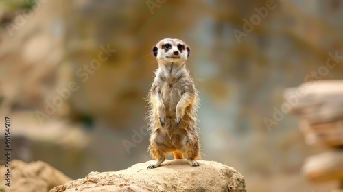 Funny animal poses, a meerkat standing on its hind legs, looking like it's on the lookout