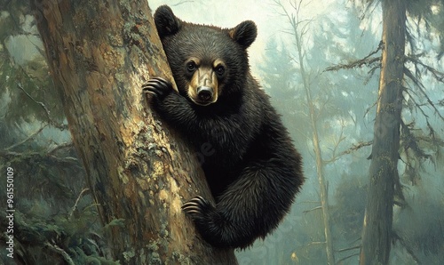 A black bear cub climbs a tree trunk in a forest.