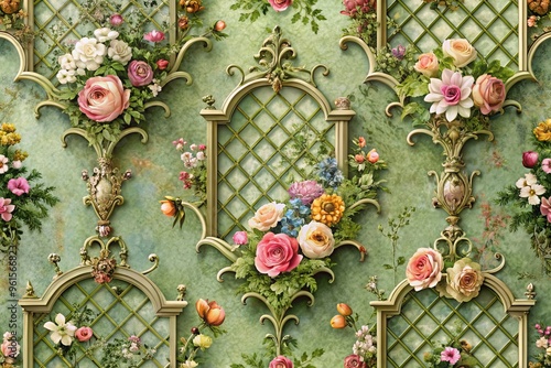 Delicate blooms on moss-green trellises entwine antique scrolls, surrounded by ornate frames with intricate carvings, evoking a whimsical nostalgic charm in a vintage floral print.