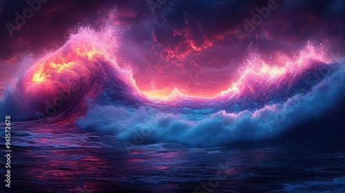 neon tsunami a colossal wave of electric blues and pulsating pinks crashing against an obsidian shoreline embodying the raw power of digital transformation