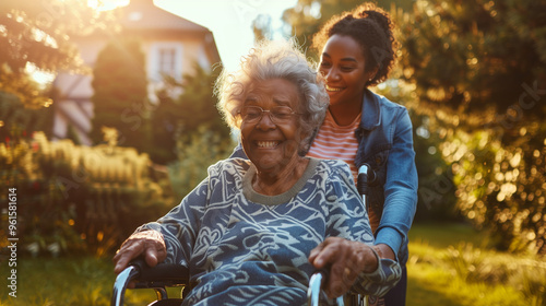 Happy nurse caring for elderly woman in a wheelchair. Young female pushing senior retirement nursing home patient in a wheelchair outdoors in a garden 