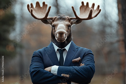 A suited man with a moose head confidently poses in a forest setting during early autumn 