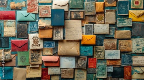 A vibrant collection of vintage envelopes and postal items displayed on a textured surface