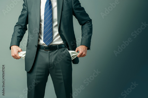 A man in a suit pulls his trouser pockets to show that there is no money in both pockets. The concept of a man without money.