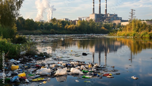 Polluted riverbanks near an industrial area with litter, smoke, and trash accumulation during the day