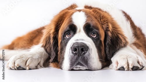 A close-up of a Saint Bernard dog lying down, showcasing its expressive eyes and fur.