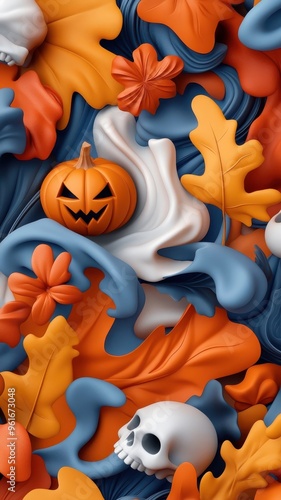 Psychedelic pattern with swirling shapes and distorted Halloween imagery.