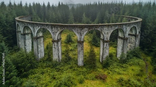 Majestic viaduct nestled in a lush forest under a misty sky.