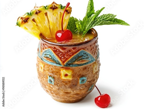 Mai tai cocktail decorated with pineapple slice and maraschino cherry in tiki style mug