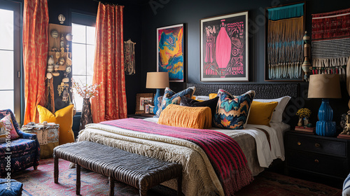 A maximalist bedroom filled with rich textures, layered bedding, colorful wall art, and an assortment of decorative pillows and throws