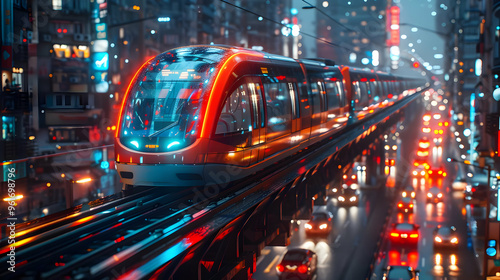 Futuristic Cityscape with Elevated Train 3D Illustration