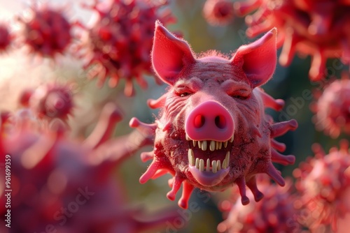 Pig virus head encapsulates crisis of contagious diseases. Angry pig head illustration emphasizes severity of pathogens. This image allegorically depicts anger and unpredictability of viral outbreaks.