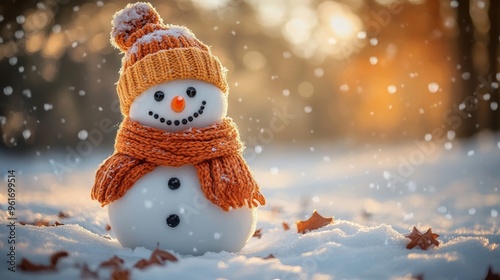 Winter holiday christmas background banner - Closeup of cute funny laughing snowman with wool hat and scarf, on snowy snow snowscape with bokeh lights, illuminated by the sun