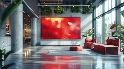 A big tv screen in a modern office breakout area; in a low angle shot, shooting up featuring hint of red. Generative AI.