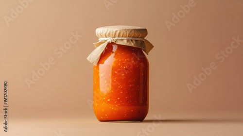 A jar of red sauce sits on a table