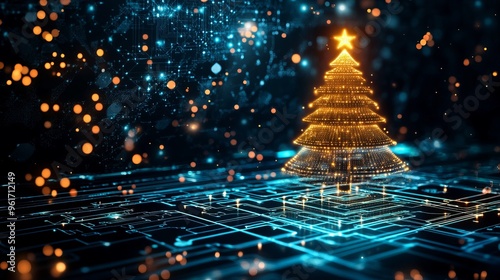 Beautiful Merry Christmas greeting card computer technology style. Christmas tree digital technology. Christmas poster template, Christmas cards digital technology style with details.