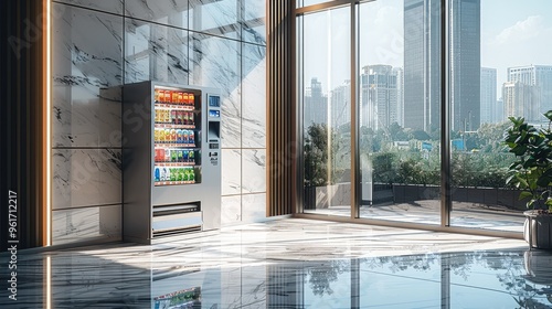 Office with a vending machine in front of a floor-to-ceiling window next to a clean wall, marble floor, bright, modern. Generative AI.