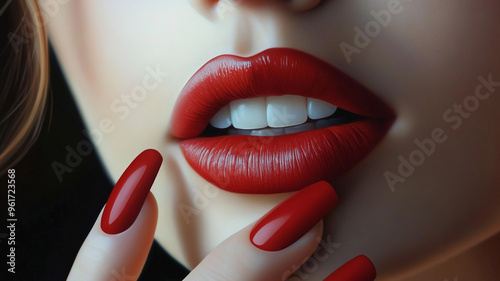 A beautiful woman's red lips and fingers with long nails